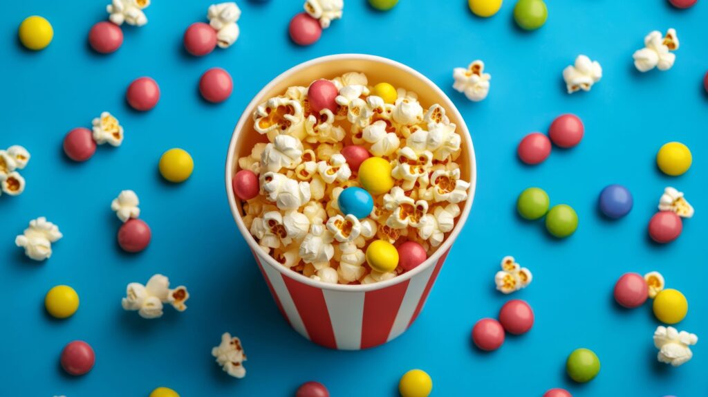 Bird's eye view of a tub of popcorn and candy on a light blue surface